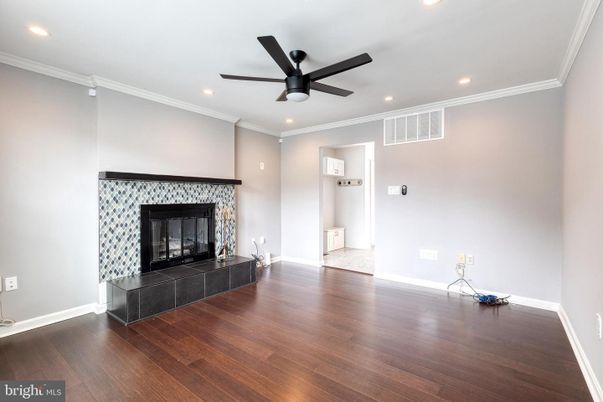 Empty room, Fireplace, Interior, Recessed Lighting, Wood Texture Flooring