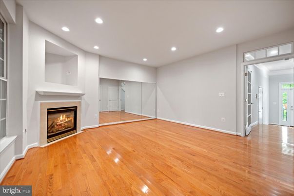 Empty room, Fireplace, Interior, Recessed Lighting, Wood Texture Flooring
