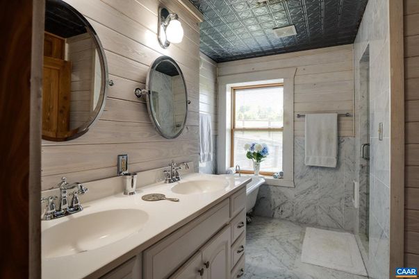Bathroom, Dual Sink Vanities, Interior, Marble, Marble Walls, Wooden Walls