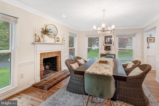 Chandelier, Dining room, Fireplace, Interior, Recessed Lighting, Wood Texture Flooring