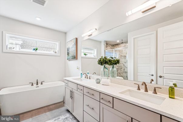 Bathroom, Dual Sink Vanities, Free Standing Baths, Glass Shower, Interior, Marble Walls, Recessed Lighting