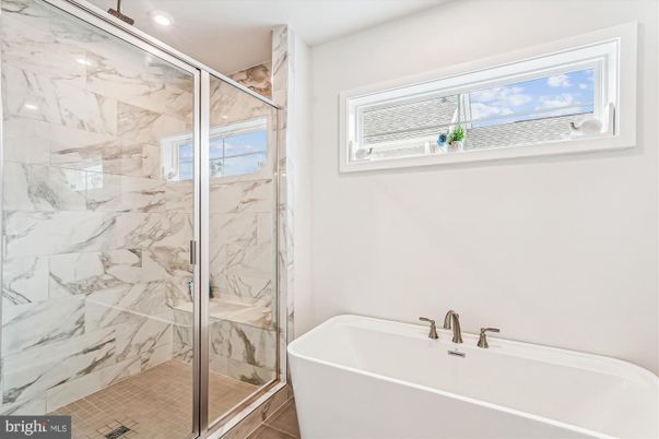 Bathroom, Free Standing Baths, Glass Shower, Interior, Marble Walls, Recessed Lighting