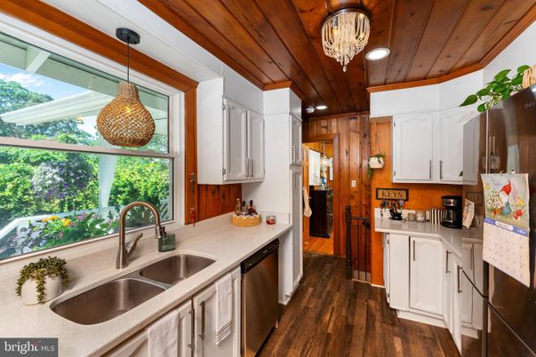 Interior, Kitchen, Pendant Lights, Recessed Lighting, Stainless Steel Appliances, Wooden Ceilings, Wood Texture Flooring
