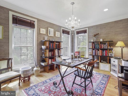 Chandelier, Home Office, Interior, Recessed Lighting, Wood Texture Flooring