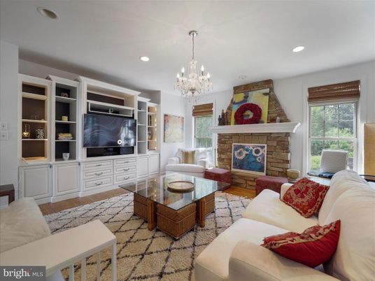 Chandelier, Fireplace, Interior, Living room, Recessed Lighting, Wood Texture Flooring