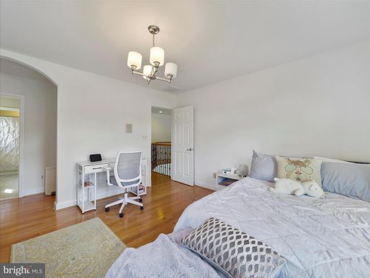 Bedroom, Chandelier, Home Office, Interior, Wood Texture Flooring