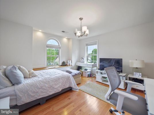 Bedroom, Chandelier, Home Office, Interior, Recessed Lighting, Wood Texture Flooring
