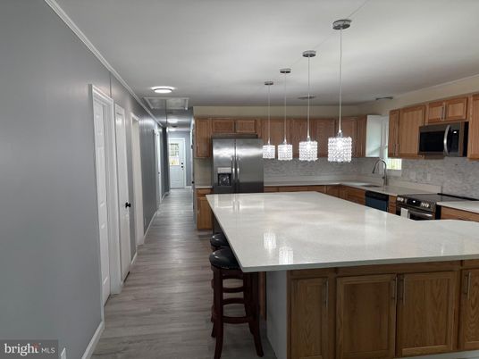 Interior, Kitchen, Pendant Lights, Stainless Steel Appliances, Wood Texture Flooring