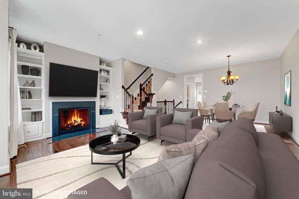 Chandelier, Dining room, Fireplace, Interior, Living room, Recessed Lighting, Wood Texture Flooring
