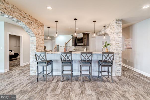 Interior, Pendant Lights, Recessed Lighting, Stone Walls, Wood Texture Flooring
