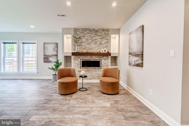 Fireplace, Interior, Recessed Lighting, Stone Walls, Wood Texture Flooring
