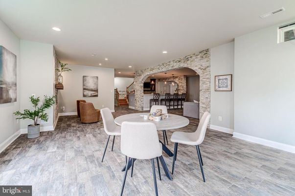 Dining room, Interior, Pendant Lights, Recessed Lighting, Stone Walls, Wood Texture Flooring