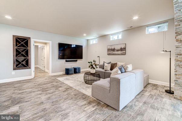 Interior, Living room, Recessed Lighting, Stone Walls, Wood Texture Flooring