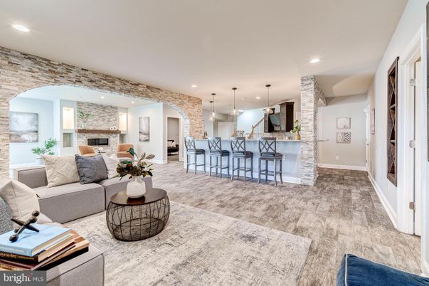 Fireplace, Interior, Kitchen, Living room, Pendant Lights, Recessed Lighting, Stone Walls