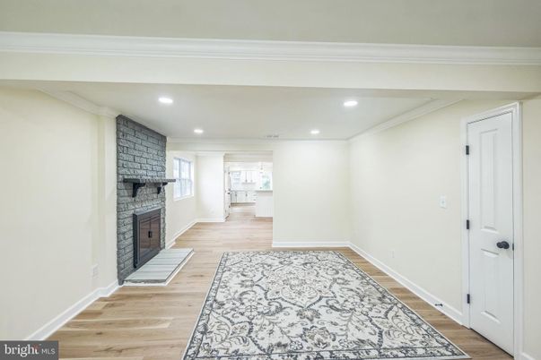Empty room, Fireplace, Interior, Recessed Lighting, Wood Texture Flooring