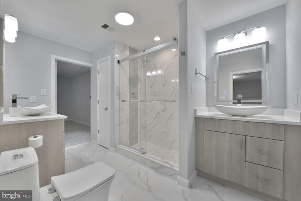 Bathroom, Glass Shower, Interior, Marble, Marble Walls, Recessed Lighting