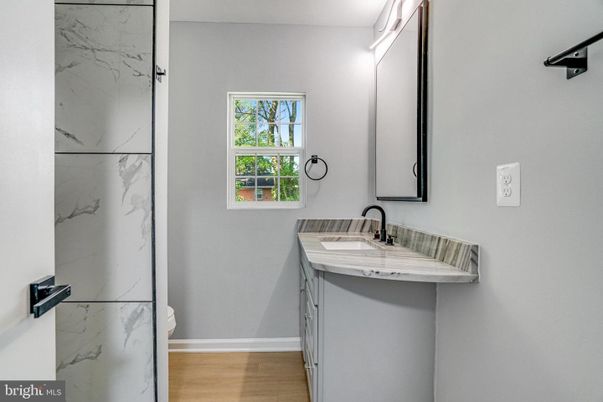 Bathroom, Interior, Marble Walls, Wood Texture Flooring