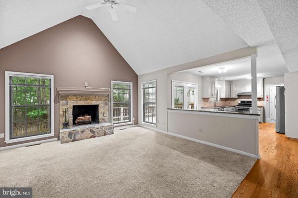 Empty room, Fireplace, Interior, Kitchen, Stainless Steel Appliances, Wood Texture Flooring