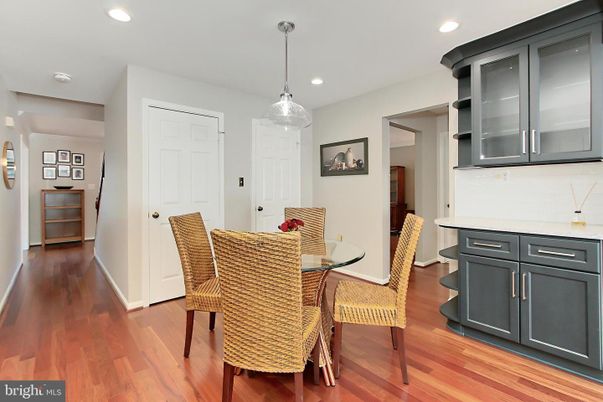 Dining room, Interior, Pendant Lights, Recessed Lighting, Wood Texture Flooring
