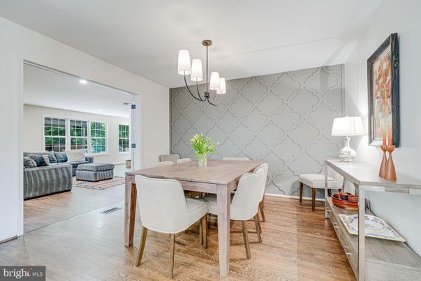 Dining room, Interior, Living room, Pendant Lights, Recessed Lighting, Wood Texture Flooring
