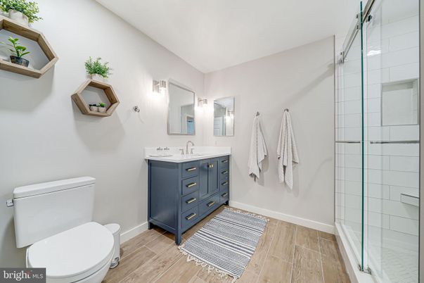 Bathroom, Glass Shower, Interior, Wood Texture Flooring