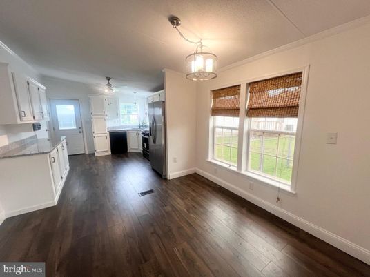 Empty room, Interior, Kitchen, Pendant Lights, Wood Texture Flooring