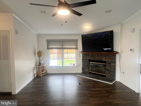 Empty room, Fireplace, Interior, Recessed Lighting, Wood Texture Flooring