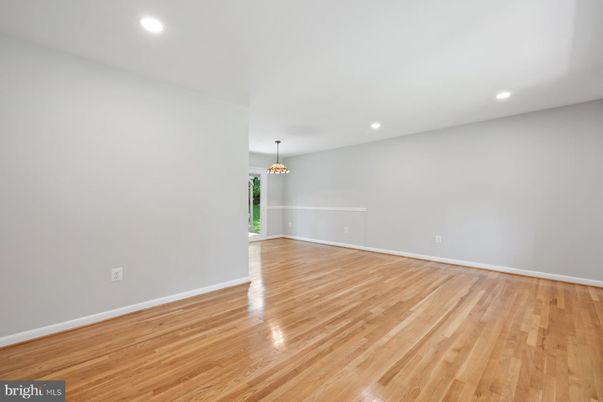Chandelier, Empty room, Interior, Recessed Lighting, Wood Texture Flooring