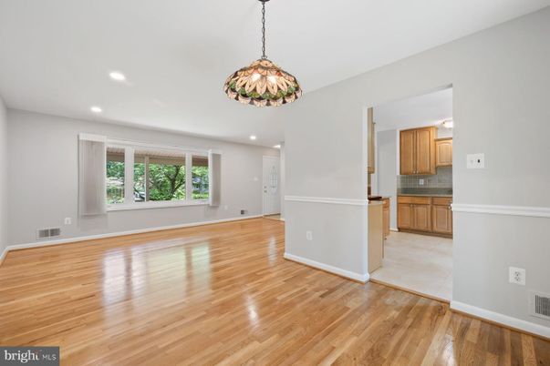 Empty room, Interior, Kitchen, Pendant Lights, Recessed Lighting, Wood Texture Flooring