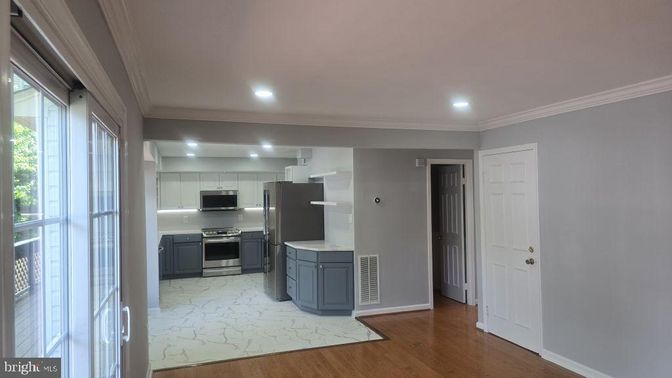 Interior, Kitchen, Marble, Recessed Lighting, Stainless Steel Appliances, Wood Texture Flooring