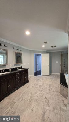 Bathroom, Dual Sink Vanities, Glass Shower, Interior, Marble, Recessed Lighting