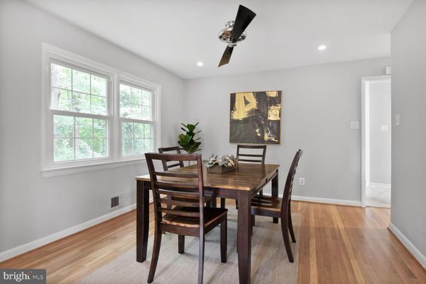 Dining room, Interior, Recessed Lighting, Wood Texture Flooring