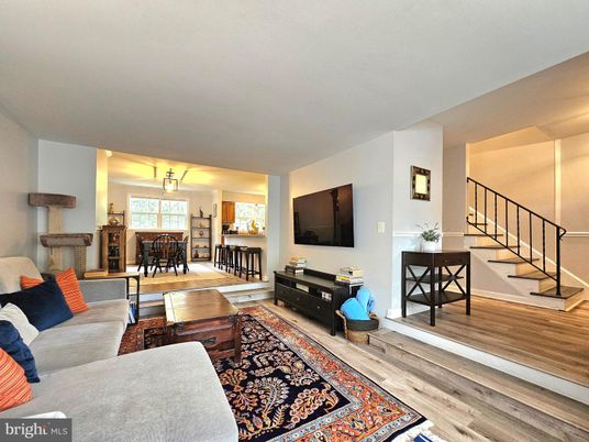 Dining room, Interior, Living room, Pendant Lights, Wood Texture Flooring