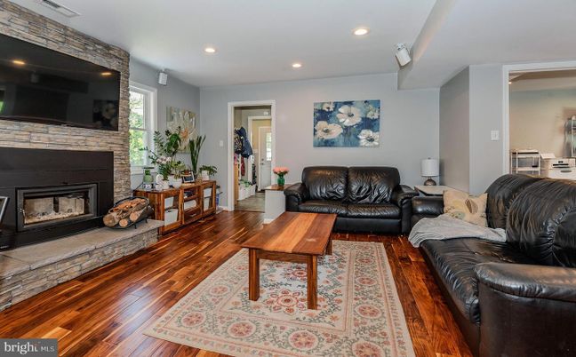 Fireplace, Interior, Living room, Recessed Lighting, Wood Texture Flooring