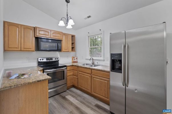Chandelier, Interior, Kitchen, Pendant Lights, Stainless Steel Appliances, Wood Texture Flooring