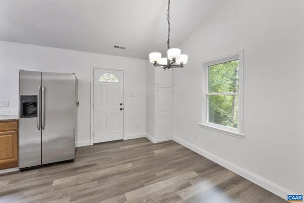 Chandelier, Interior, Kitchen, Pendant Lights, Stainless Steel Appliances, Wood Texture Flooring
