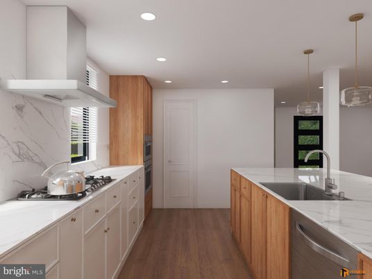 Interior, Kitchen, Marble Walls, Pendant Lights, Recessed Lighting, Stainless Steel Appliances, Wood Texture Flooring
