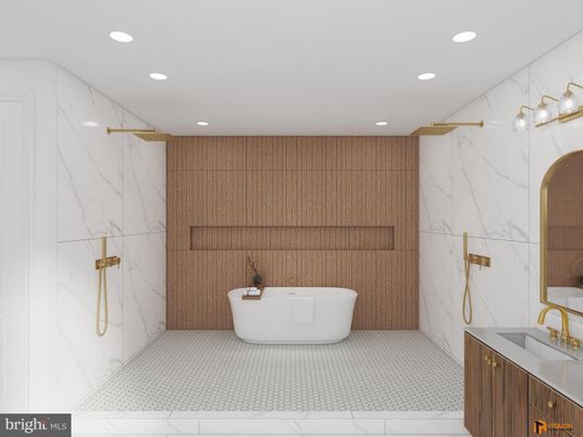 Bathroom, Dual Sink Vanities, Free Standing Baths, Interior, Marble Walls, Recessed Lighting