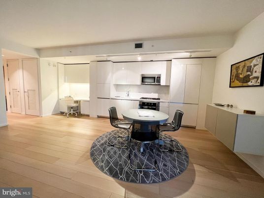 Dining room, Interior, Kitchen, Stainless Steel Appliances, Wood Texture Flooring
