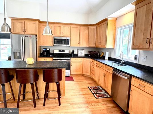 Interior, Kitchen, Pendant Lights, Stainless Steel Appliances, Wood Texture Flooring