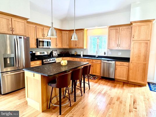 Interior, Kitchen, Pendant Lights, Stainless Steel Appliances, Wood Texture Flooring