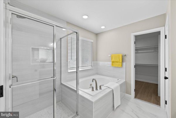 Bathroom, Glass Shower, Interior, Marble, Recessed Lighting, Walk-in Closets, Wood Texture Flooring