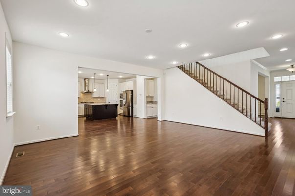 Empty room, Interior, Kitchen, Pendant Lights, Recessed Lighting, Wood Texture Flooring