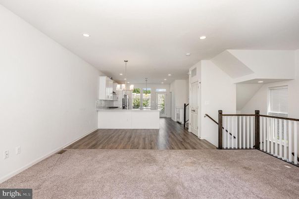 Empty room, Interior, Kitchen, Pendant Lights, Recessed Lighting, Wood Texture Flooring