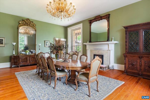 Chandelier, Dining room, Fireplace, Interior, Wood Texture Flooring