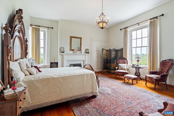 Bedroom, Chandelier, Fireplace, Interior, Wood Texture Flooring