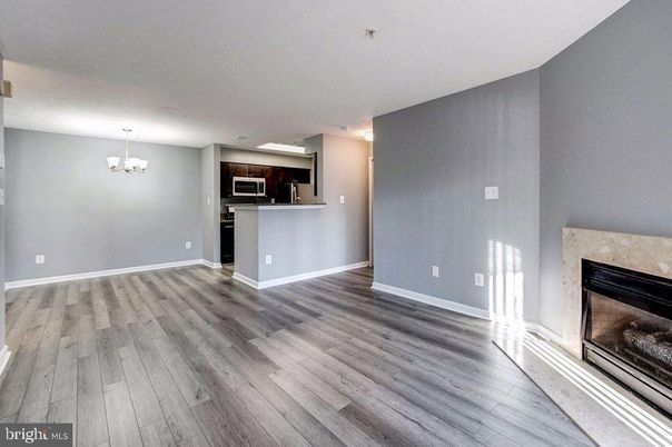 Chandelier, Empty room, Fireplace, Interior, Kitchen, Wood Texture Flooring