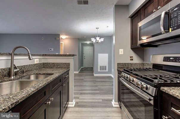 Chandelier, Interior, Kitchen, Stainless Steel Appliances, Wood Texture Flooring