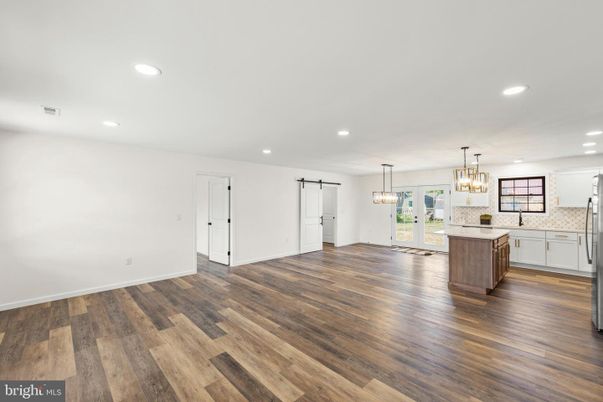 Chandelier, Empty room, Interior, Kitchen, Pendant Lights, Recessed Lighting, Wood Texture Flooring