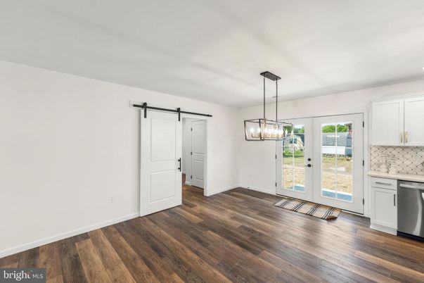 Chandelier, Empty room, Interior, Kitchen, Pendant Lights, Wood Texture Flooring